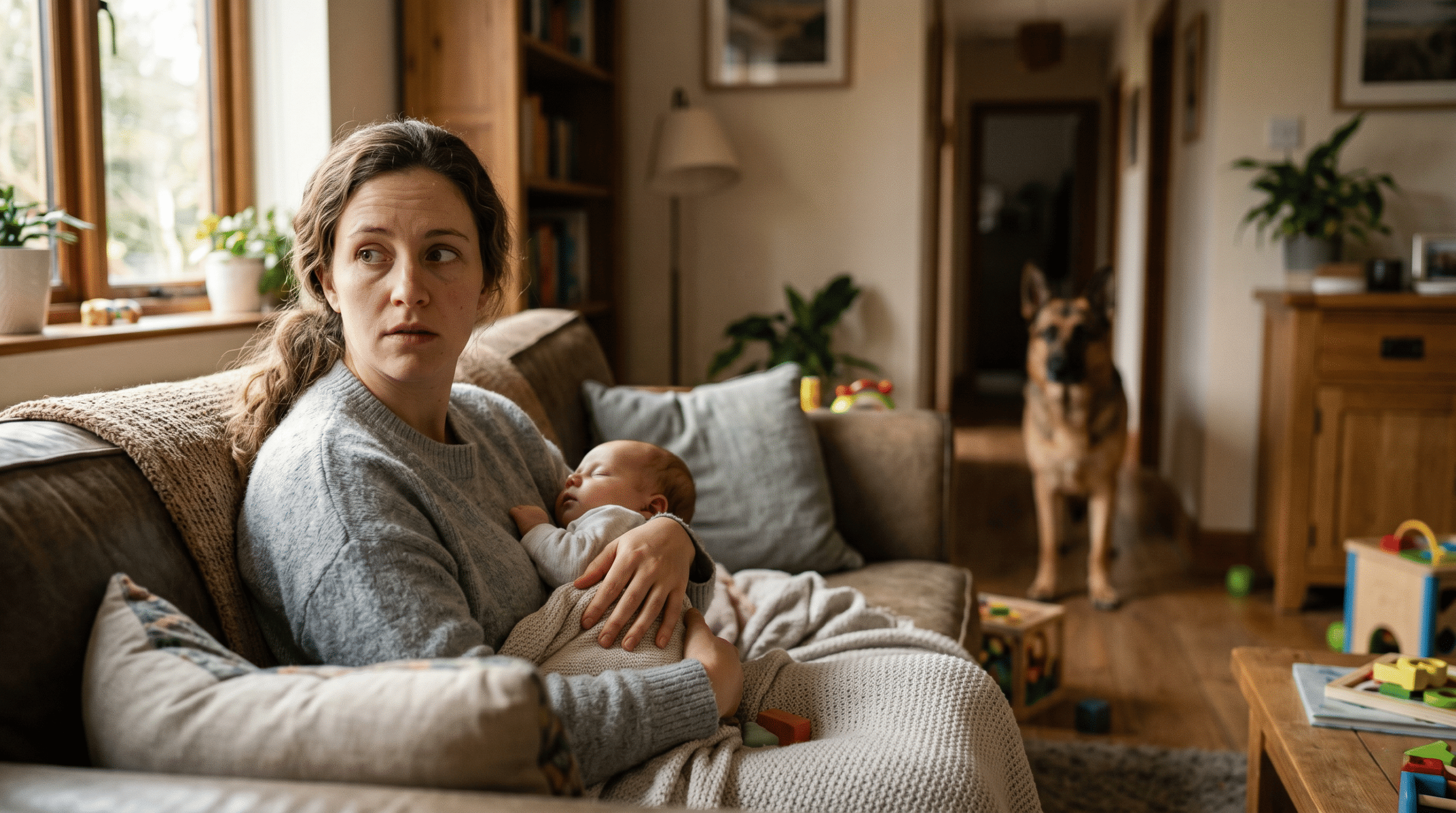 Mãe/pai com expressão de alerta contido, cão ao fundo com postura ereta, bebê próximo