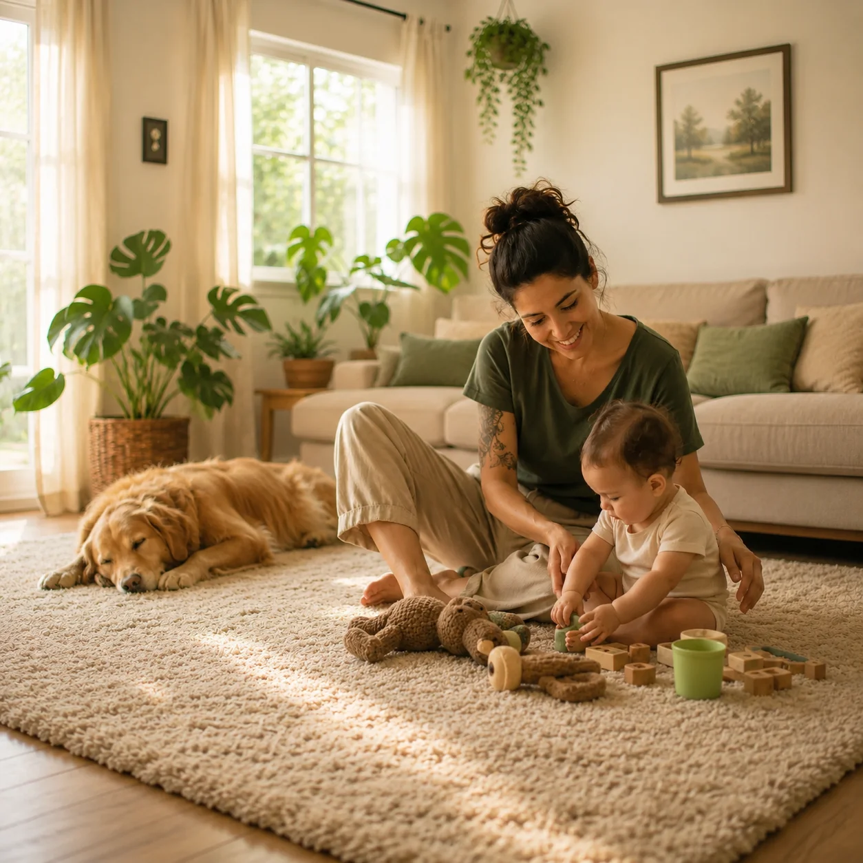 Mãe com bebê e cão convivendo